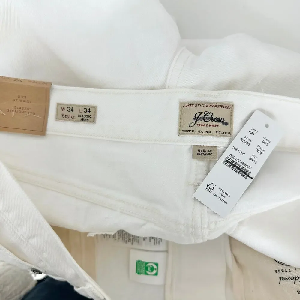 J.Crew Classic Jean White Rigid Denim Relaxed Straight Mens W 34 L 34 NWT
